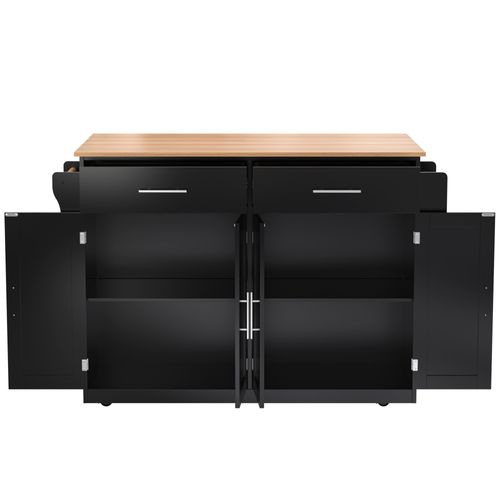 Ilot Central Cuisine Comptoir Avec 4 Portes, 2 Tiroirs Et Bureau Pliable Noir