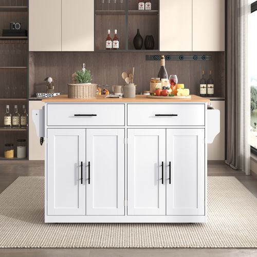 Ilot Central Cuisine Comptoir Avec 4 Portes, 2 Tiroirs Et Bureau Pliable Blanc