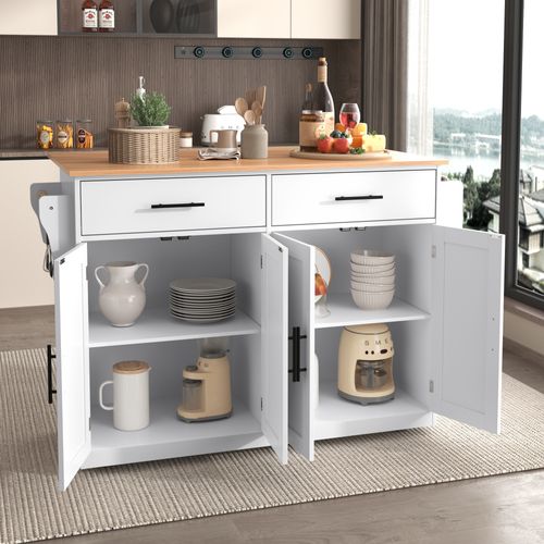 Ilot Central Cuisine Comptoir Avec 4 Portes, 2 Tiroirs Et Bureau Pliable Blanc