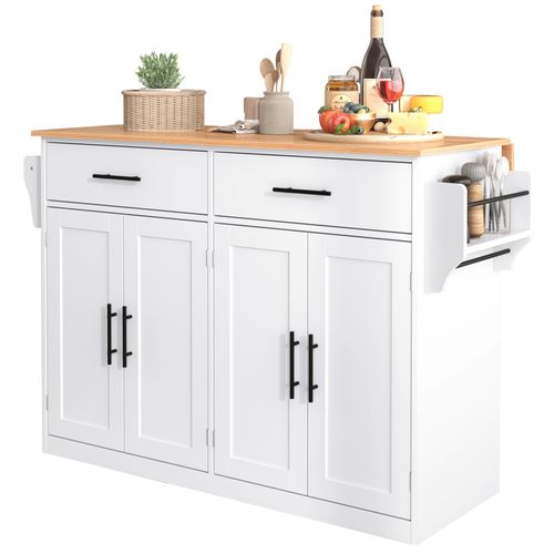 Ilot Central Cuisine Comptoir Avec 4 Portes, 2 Tiroirs Et Bureau Pliable Blanc