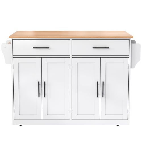 Ilot Central Cuisine Comptoir Avec 4 Portes, 2 Tiroirs Et Bureau Pliable Blanc