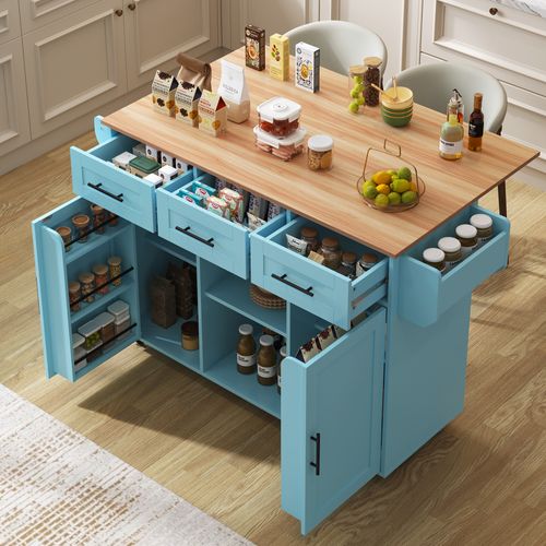 Ilot Central Cuisine Comptoir Avec 2 Portes, 3 Tiroirs Et Bureau Pliable Bleu