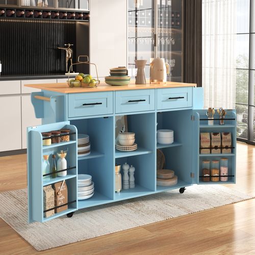 Ilot Central Cuisine Comptoir Avec 2 Portes, 3 Tiroirs Et Bureau Pliable Bleu