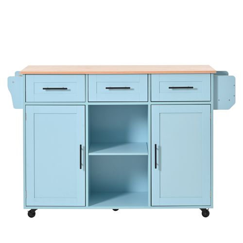 Ilot Central Cuisine Comptoir Avec 2 Portes, 3 Tiroirs Et Bureau Pliable Bleu