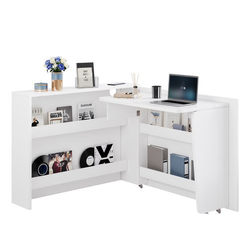 Bureau Angle Pliable Avec Roulettes Et 4 Étagères Blanc