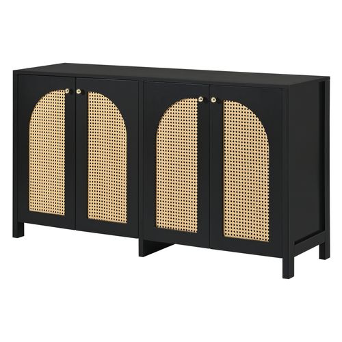Buffet Avec 4 Portes En Rotin Noir