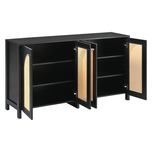 Buffet Avec 4 Portes En Rotin Noir