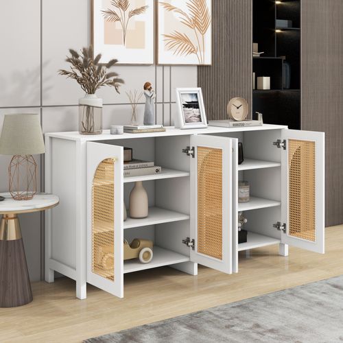 Buffet Avec 4 Portes En Rotin Blanc