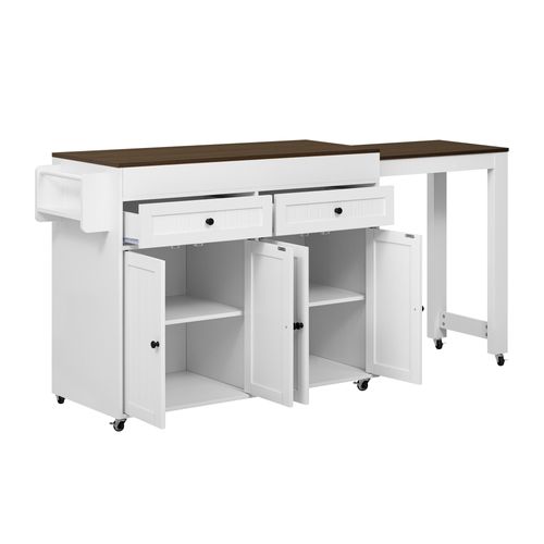 Ilot Central Cuisine Comptoir Avec Table Extensible, 2 Tiroirs Et 4 Portes