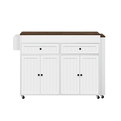 Ilot Central Cuisine Comptoir Avec Table Extensible, 2 Tiroirs Et 4 Portes