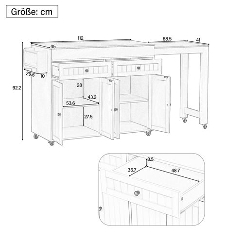 Ilot Central Cuisine Comptoir Avec Table Extensible, 2 Tiroirs Et 4 Portes