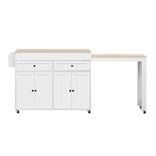 Ilot Central Cuisine Comptoir Avec Table Extensible, 2 Tiroirs Et 4 Portes