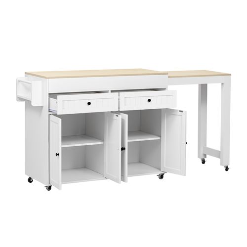 Ilot Central Cuisine Comptoir Avec Table Extensible, 2 Tiroirs Et 4 Portes
