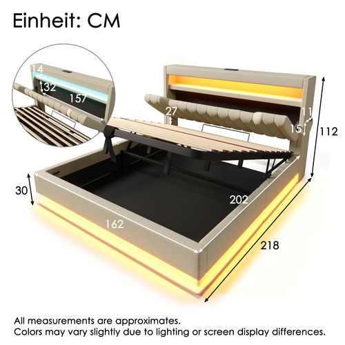 Lit Coffre 160 X 200cm Avec Tête De Lit Rangement, USB Et LED, Beige Lin