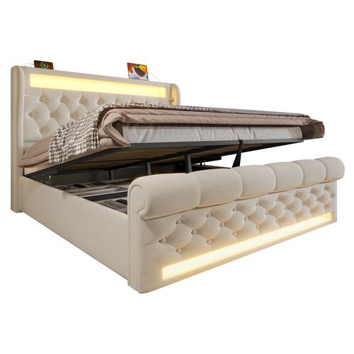 Lit Coffre 160 X 200cm Avec USB Et LED Velours Beige