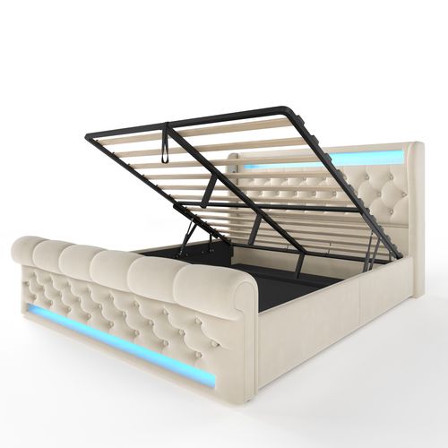 Lit Coffre 160 X 200cm Avec USB Et LED Velours Beige
