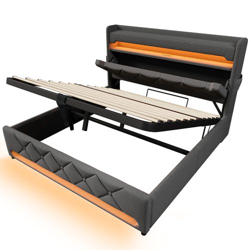 Lit Coffre 140 X 200cm Avec Tête De Lit Rangement, USB Et LED, Gris Lin