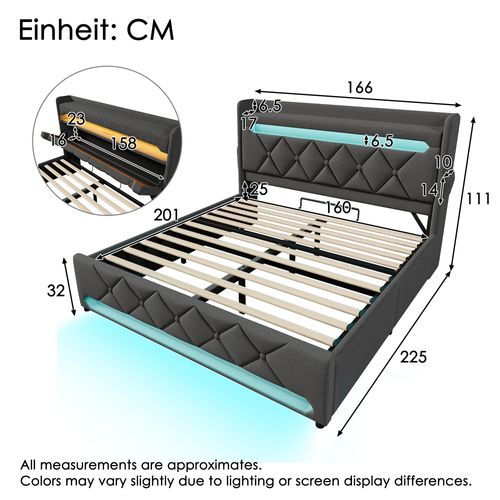 Lit Coffre 160 X 200cm Avec Tête De Lit Rangement, USB Et LED, Gris Lin
