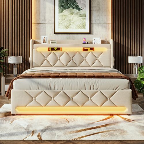 Lit Coffre 160 X 200cm Avec Tête De Lit Rangement, USB Et LED, Beige Lin