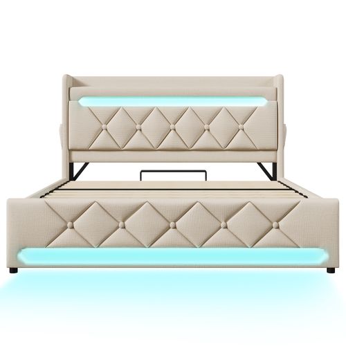 Lit Coffre 180 X 200cm Avec Tête De Lit Rangement, USB Et LED, Beige Lin