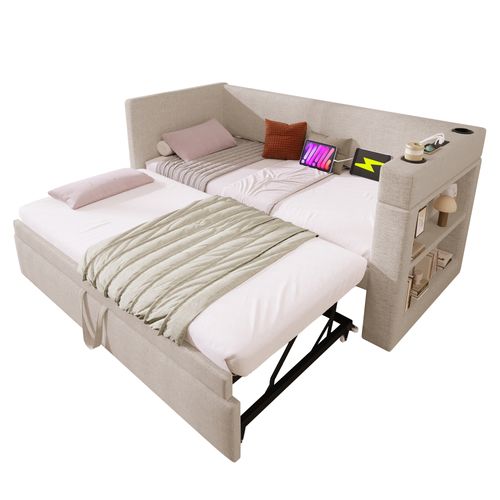 Lit Gigogne 90 X 190cm Avec USB Et Porte-gobelet Lin Beige