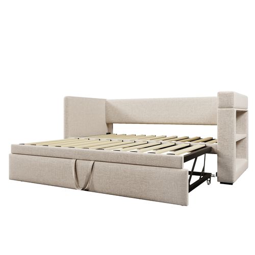 Lit Gigogne 90 X 190cm Avec USB Et Porte-gobelet Lin Beige