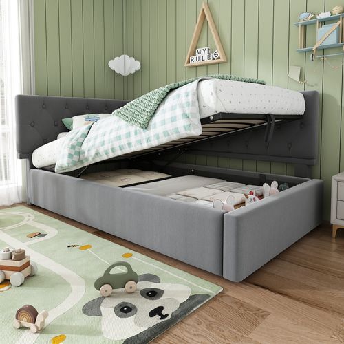 Lit Enfant Coffre 90 X 190cm Avec Sommier Velous Gris