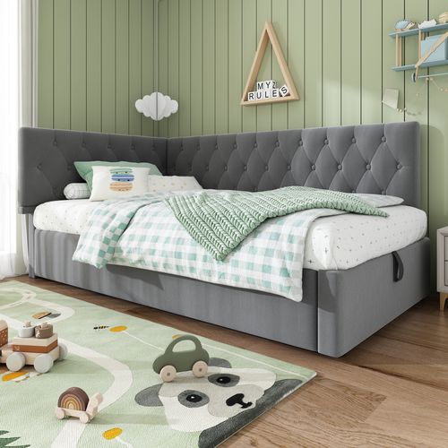 Lit Enfant Coffre 90 X 190cm Avec Sommier Velous Gris