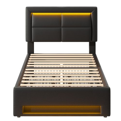 Lit Enfant 90 X 190cm Avec 4 Tiroirs, LED Et USB Pu Noir