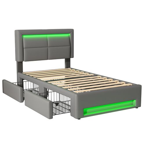 Lit Enfant 90 X 190cm Avec 4 Tiroirs, LED Et USB Pu Gris