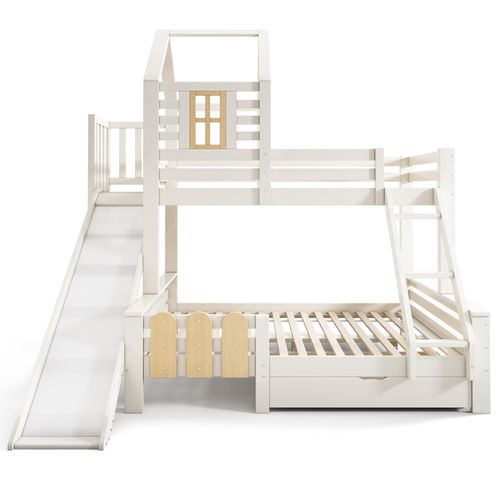 Lit Superposé 140x200cm + 90x200cm Avec Toboggan, 1 Tiroir Et Échelle à 3 Niveaux Blanc