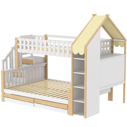 Lit Superposé 140x200cm + 90x200cm Avec 5 Étagères, 2 Tiroirs Et Escaliers De Rangement Blanc