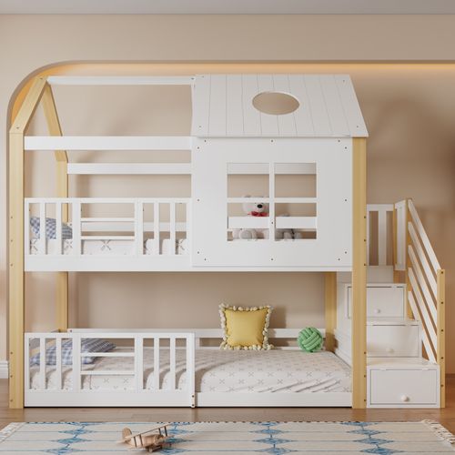 Lit Superposé Cabane 2x90x200cm Avec Escaliers De Rangement Blanc + Imitation Chêne