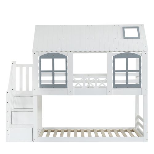 Lit Superposé Cabane 2x90x200cm Avec Escaliers De Rangement Blanc