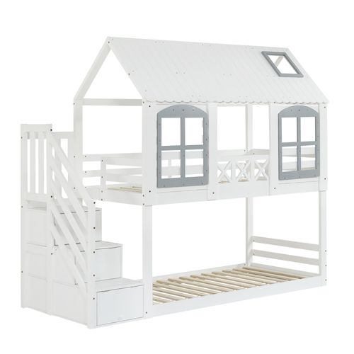 Lit Superposé Cabane 2x90x200cm Avec Escaliers De Rangement Blanc