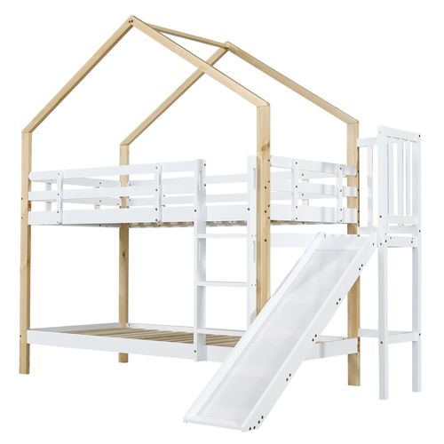 Lit Superposé Cabane 2x90x200cm Avec Toboggan Et Échelle Blanc + Imitation Chêne