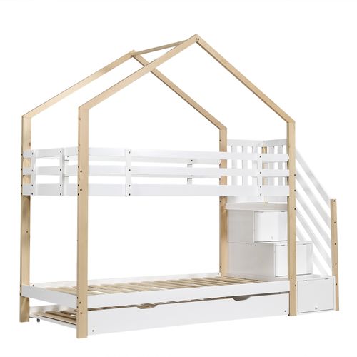 Lit Superposé Cabane 2x90x200cm Avec Lit Gigogne 90x190cm, Escaliers De Rangement Blanc