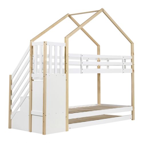 Lit Superposé Cabane 2x90x200cm Avec Lit Gigogne 90x190cm, Escaliers De Rangement Blanc