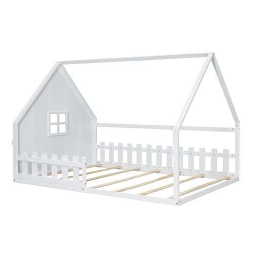 Lit Cabane 140x200cm Avec Sommier à Lattes Et Barrières Blanc