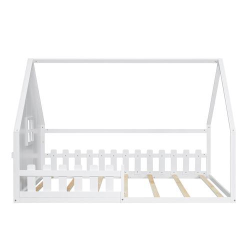 Lit Cabane 140x200cm Avec Sommier à Lattes Et Barrières Blanc
