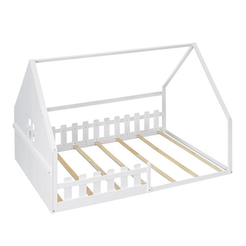 Lit Cabane 140x200cm Avec Sommier à Lattes Et Barrières Blanc