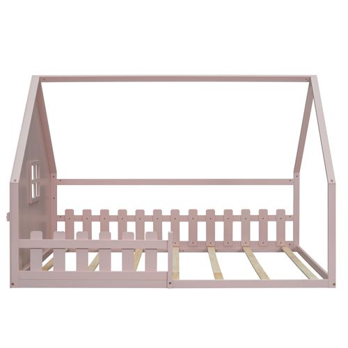 Lit Cabane 140x200cm Avec Sommier à Lattes Et Barrières Rose