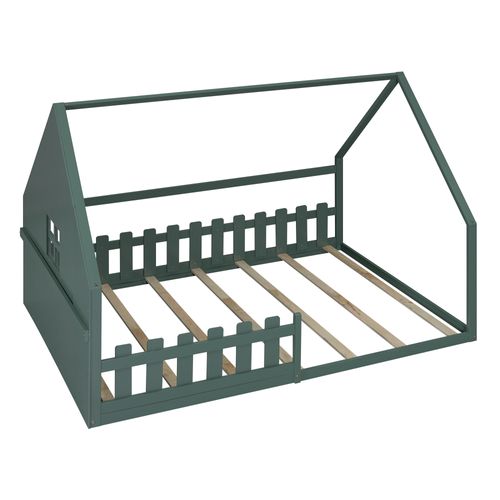 Lit Cabane 140x200cm Avec Sommier à Lattes Et Barrières Vert
