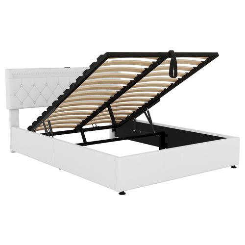 Lit Coffre 140x200cm Avec Tête De Lit Réglable En Hauteur, LED Et USB Lin Blanc