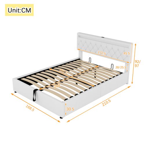 Lit Coffre 160x200cm Avec Tête De Lit Réglable En Hauteur, LED Et USB Lin Blanc
