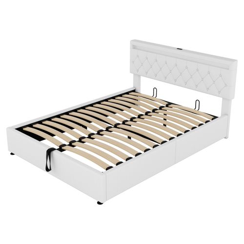 Lit Coffre 160x200cm Avec Tête De Lit Réglable En Hauteur, LED Et USB Lin Blanc