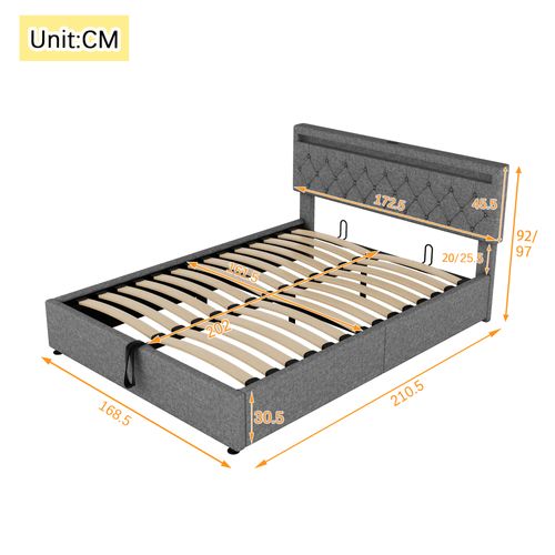 Lit Coffre 160x200cm Avec Tête De Lit Réglable En Hauteur, LED Et USB Lin Gris