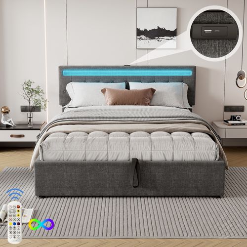 Lit Coffre 160x200cm Avec Tête De Lit Réglable En Hauteur, LED Et USB Lin Gris