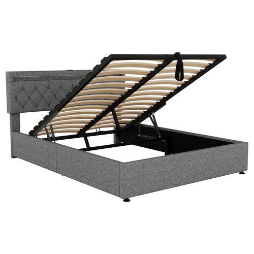 Lit Coffre 160x200cm Avec Tête De Lit Réglable En Hauteur, LED Et USB Lin Gris