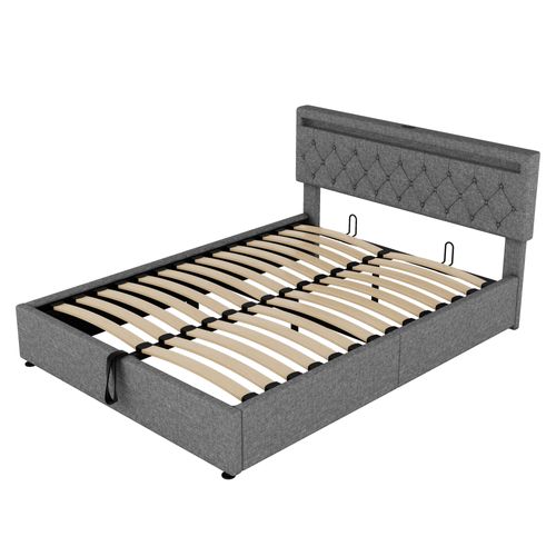 Lit Coffre 160x200cm Avec Tête De Lit Réglable En Hauteur, LED Et USB Lin Gris